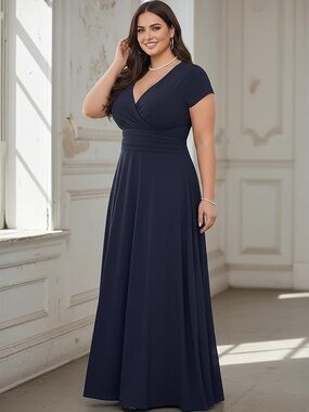 Koh Koh Navy Blue Short Sleeve V-neck Flowy Long Maxi Dress size 2X